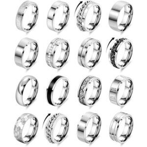 16PCS Silver Rings Stainless Steel Simple Engagement Rings